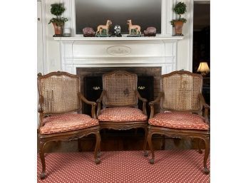 3 Carved Mahogany Wood And Cane Arm Chairs With Silk Seat Cushions