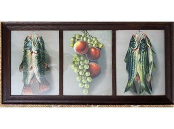Framed Triptych Lake Trout, Peaches And Grapes, And Striped Bass 1906, J. Fox