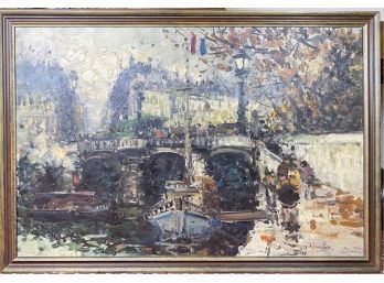 Original Oil On Canvas, Impressionist Style French Scene Of Boat Under Bridge, Signed Tiknatock