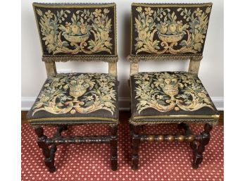 Pair Of Antique Turned Fruit Wood Carved Leg And Floral Tapestry Upholstered Chairs