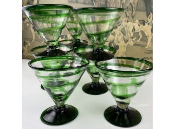 8 Pcs Vintage Hand Blown Green And Clear Swirl Glass Parfait, Dessert, Margherita  Glasses