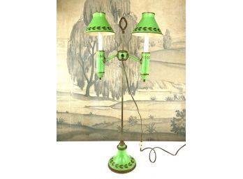 Vintage Painted Double Tole Metal Shade, Candle Stick Light In Verdant Green