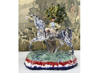 Intricate Hand Made  French Ceramic Horse And Rider Sculpture