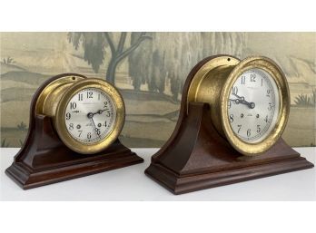 Two Vintage  Abercrombie & Fitch Chelsea Ships Bell, Wood And Brass Mantle Clocks