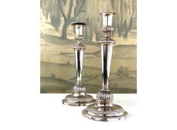 Pair Antique Sterling Silver Reeded And Fluted Candlesticks Stamped RC And Lion Crest