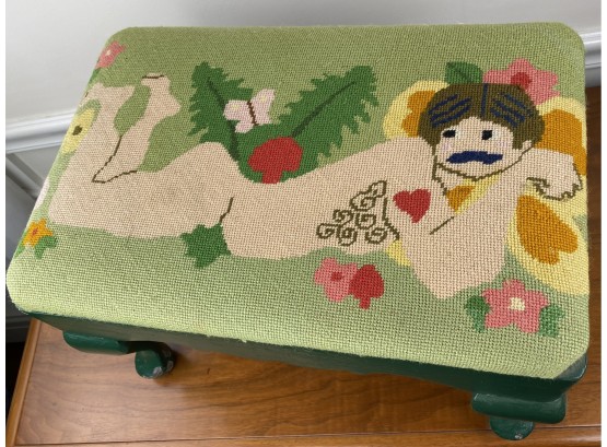 Vintage Hand Stitched, Cross Stitch, Of Naked Mustache Man, In Ferns, On Painted Green Foot Stool