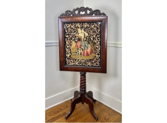 Antique Carved Wood And Turned Leg Fireplace Fire Screen With Needlepoint Of Woman In Dress With Dog