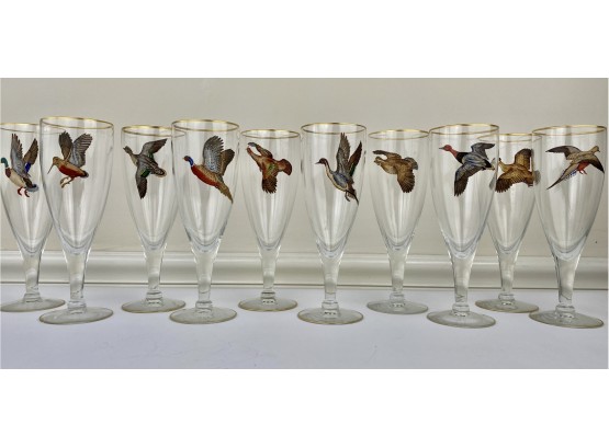 Set Of 10 Vintage Flying Ducks Wine Beer Glasses Gold Trim