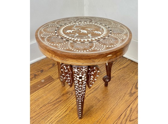 Vintage Exotic Wood And Bone Inlay Elephant Leg Table, Brought Back From Travels To India