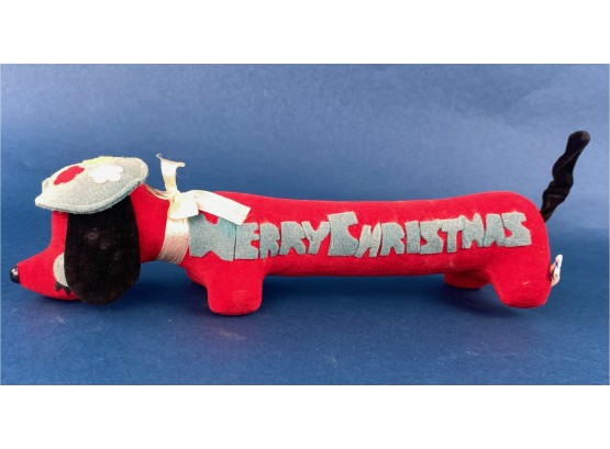 Vintage Merry Christmas Velvet Dachshund Figure, Ring And Jewelry Holder, Made In Japan