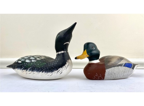 2 Vintage Carved Wood Duck Decoys By Ron Kurkewitch, Beach Haven NJ