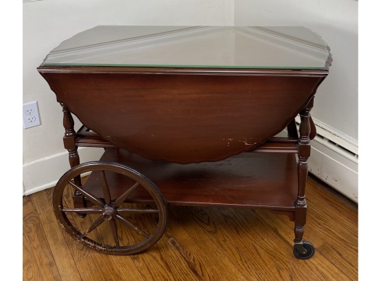 Vintage Wooden Tea Cart With Glass Top, Castors And Two Wooden Wheels