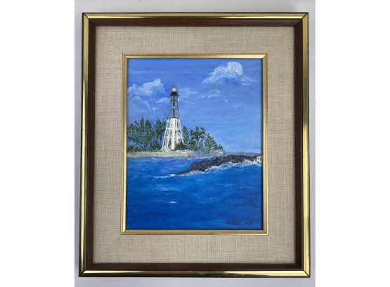 Vintage 1979 Ocean Lighthouse Oil Painting, Framed, Signed Mt Bello