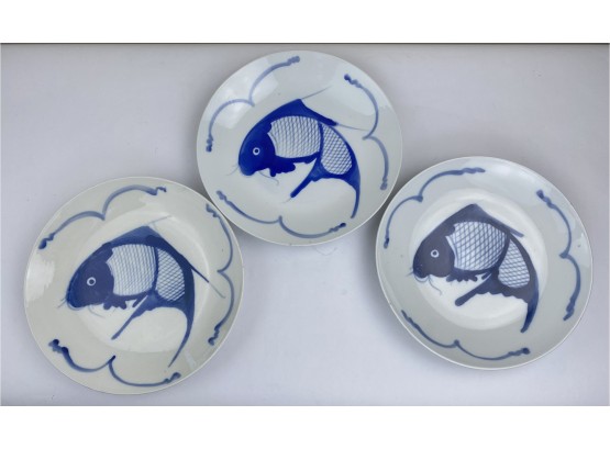 Set Of 3 Koi Fish Blue & White Ceramic Plates
