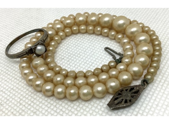 Vintage Sterling Silver & Faux Pearl Graduated Necklace & Ring