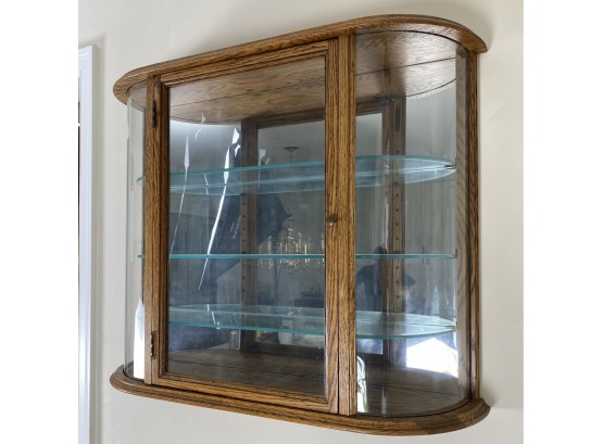 Vintage Oak Demilune Hanging Curio Cabinet With Mirrored Back And Two Glass Shelves