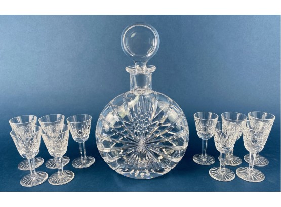 Vintage Atlantis Decanter With 10 Waterford Glass Lismore Crystal Cordial Glasses