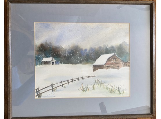 Alice Morris Sag Harbor NY Barn In The Snow Scene, Watercolor Painting, Signed, Framed & Matted