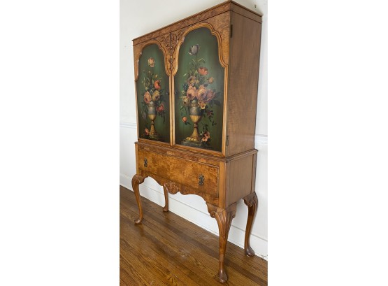 Vintage Antique Burl Wood, Cabriole Leg Buffet With Hand Painted Floral Urn Motif By Stiehl Furniture