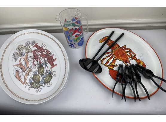 Vintage Lot Of Lobster Crab Shellfish Serving Items W/ Trays Plates Utensils & More