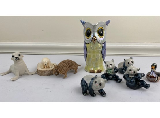 Vintage Animal Figurine & Porcelain Pitcher Lot Includes Seal, Walrus, Owl, Duck, Pandas, Aardvark