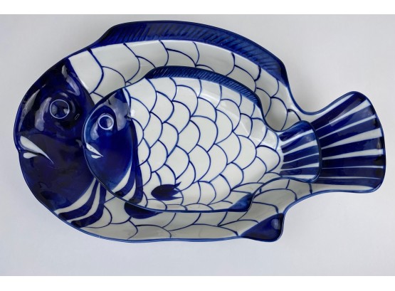 2 Dansk Ceramic Blue And White Glazed Fish Platters Or Serving Dishes