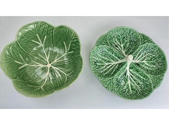 Two Ceramic Portuguese Green And White Cabbage Relief Serving Vessels