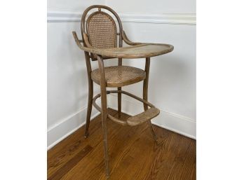 Antique Bent Wood And Cane Child's High Chair With Hinged Tray Front