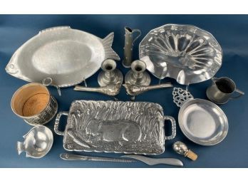 Large Lot Vintage Pewter & Metal Tableware Items Serving Trays Bowls & More