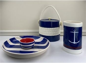Nautical Themed Vintage Barware W/ Mr. Ice Bucket, Wine Cooler & Chip Dip Tray