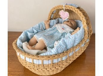 Vintage  American Doll, Pleasant Co.  Baby Doll In Wicker Baby Cradle