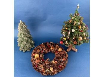 Vintage Christmas Tree & Wreath Lot. Villeroy & Boch Tree Candle, Handmade Wreath And Tree