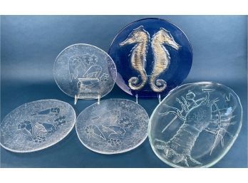 Vintage Lot Of 5 Marine Or Sea Life Themed Glass Serving Plates Or Platters - Lobster, Crustaceans, Seahorse