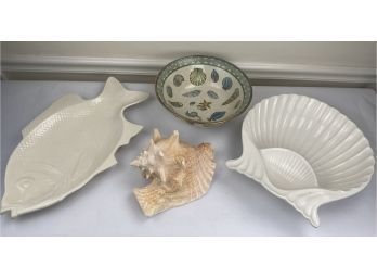 Lot Of Seashell & Fish Motif Pottery Serving Trays Bowl W/ Conch Shell
