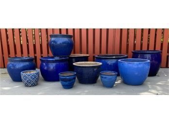 Large Lot Of Blue Glazed Ceramic Flower Or Garden Pots
