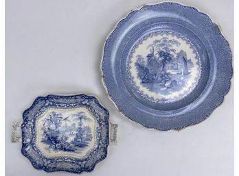 2 Antique Flow Blue  & White Transferware Serving Platters Plates