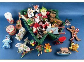 Assorted Lot Of Vintage Christmas Ornaments In Tree Wicker Basket - Wooden And Ceramic