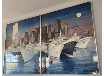 Pair Of Large Ocean Liner Cruise Ships In New York Harbor Prints