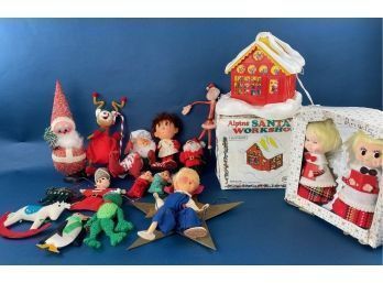 Assorted Lot Of Vintage Christmas Decorations -  Ornaments, Tree Toppers, Lighted Santa's Workshop, Elves, Etc