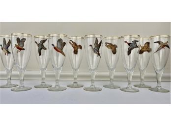 Set Of 10 Vintage Flying Ducks Wine Beer Glasses Gold Trim