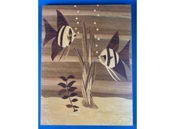 Vintage Mid Century Wood Inlaid Marquetry Fish Under The Sea Wall Art