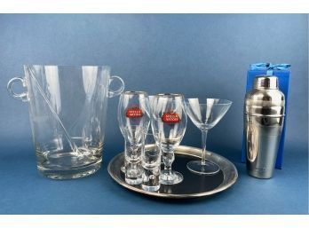 Vintage Barware - Glass Champagne Bucket, Martini Shaker, Pilsner Beer Glasses, Lacquer Bar Tray, Etc...