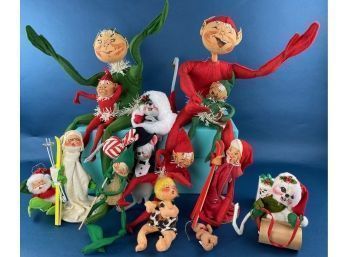 Vintage Lot Of 14 Annalee Collectable Christmas Dolls Ornaments Bendable Felt Cloth