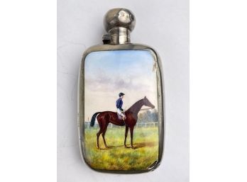 British Sterling Silver & Enamel Liquor Flask Horse & Jockey Racing