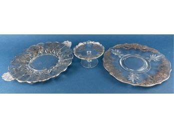 3 Vintage Sterling Overlay Glass Serving Trays Plates & Pedestal Dish