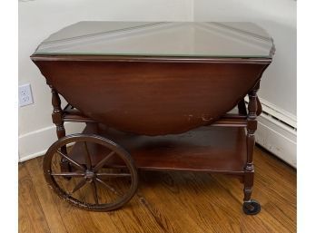 Vintage Wooden Tea Cart With Glass Top, Castors And Two Wooden Wheels