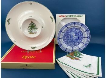Christmas Spode - Vintage Lot Of Christmas Spode Items - Plate Chip/Dip Platter Cloth Napkins Set