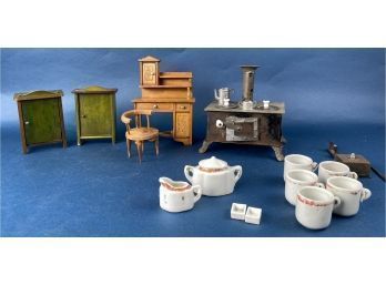 Antique And Viintage Miniature Dollhouse Furniture & Tea Set, Desk, Chair, Stove And Side Tables