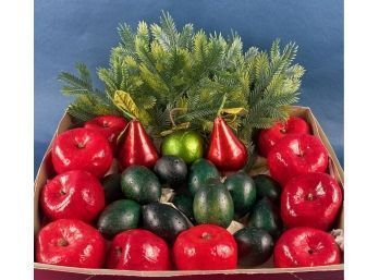 Vintage Lot Of Display Waxed And Paper Mache Holiday Fruit - Apples, Pears, Limes And Pine Branch Decor