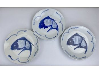 Set Of 3 Koi Fish Blue & White Ceramic Plates